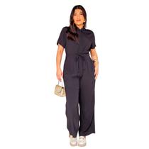 Macacão Plus Size Longo Liso Feminino Elástico na Cintura Colarinho e Botões em Linho com Viscose