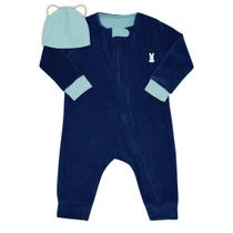 Macacão plush azul marinho e touca azul claro ursinho Kiko Baby