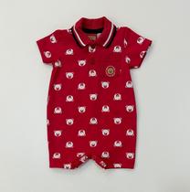 Macacão Polo Bebê Kyly Vermelho Ursinhos Estampados Confortável Manga Curta Macacão Polo Bebê Kyly Vermelho Ursinhos Estampados Confortável Manga Curta
