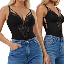 Macacão Popilush Lace com decote em V Tummy Control Shapewear preto XS