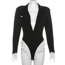 Macacão Preto De Renda Com Decote Em V E Manga Longa Para Mulheres, Moda De Outono, Bodysuit Com Macacão Preto De Renda Com Decote Em V E Manga Longa Para Mulheres, Moda De Outono, Bodysuit Com