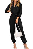 Macacão PRETTYGARDEN Feminino Manga Longa Decote V Preto Tamanho L