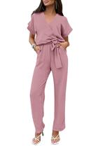 Macacão PRETTYGARDEN Transpassado com Decote V, Cinto, Rosa, Médio
