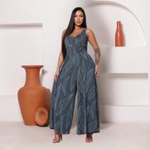 Macacão Regata Elegante Feminino Estampado de Tule Pantalona Solto de Luxo