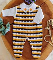 Macacão Salopete Tricô Bebe com body amarelo/azul Macacão Salopete Tricô Bebe com body amarelo/azul