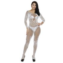 Macacão Sensual longo Arrastão e Renda com Alça Branco - Eva Intimate