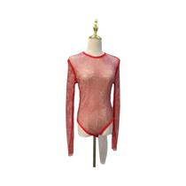 Macacão Sexy De Malha Para Mulheres Com Decote Redondo E Mangas Longas, Brilhante Para Performances