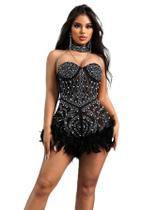 Macacão sexy de strass de penas, frente única, macacão sem encosto, vestido de festa de aniversário