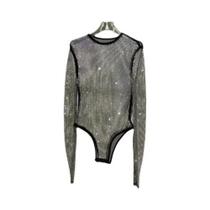 Macacão Sexy Feminino Com Strass E Detalhes Em Rede, Decote Redondo, Transparente, Estilo T-shirt