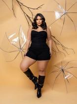 Macacão Shorts Jeans Curto Plus Size Lycra Sem Alças Macacão Shorts Jeans Curto Plus Size Lycra Sem Alças