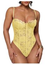 Macacão SweatyRocks Sheer Lace Spaghetti Strap Underwire Yellow Macacão SweatyRocks Sheer Lace Spaghetti Strap Underwire Yellow