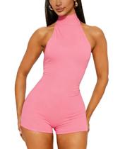 Macacão THLAI sem mangas, costas abertas, gola halter, modelagem bodycon, curto Macacão THLAI sem mangas, costas abertas, gola halter, modelagem bodycon, curto