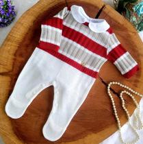 Macacão Tricô Bebe listra vermelho