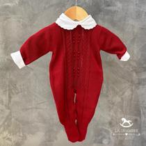 Macacão Tricot Vermelho c/ Ramo de Bolinhas e Body Gola Nuvem