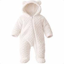 Macacão Ursinho Bebê Soft Inverno Macio Capuz Com Zíper Branco Tamanho G
