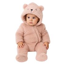 Macacão Ursinho Pelúcia c/ Pezinho Capuz Zíper Diagonal Rosa