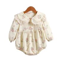Macacão Vintage Floral Bordado Para Bebê Com Manga Longa E Gola De Renda Primavera Outono Macacão Vintage Floral Bordado Para Bebê Com Manga Longa E Gola De Renda Primavera Outono