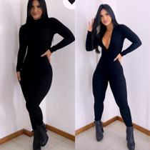 Macacão Virginia Manga Longa Preto Zíper Luxo