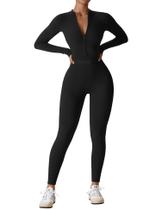 Macacão YEOREO de manga longa com zíper frontal, modelagem justa, preto