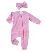 Macacão Zíper Rosa Glitter com Faixa de Cabelo Tam.1