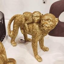 Macaco c/ Filhote Gold em Resina - 16cm