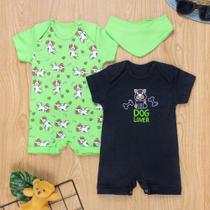 Macacões Curtos para Bebê e Bandana Tema Dog Verde e Preto