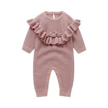 Macacões De Bebê Rosa Quentinhos De Tricô Para Meninas Recém-Nascidas Outono Inverno Manga Comprida