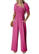 Macacões femininos Dokotoo de mangas curtas de 2025, fofos de primavera, gola quadrada, macacões longos e fluidos com cordão, folgados e largos, roupas de cruzeiro plus size com bolsos, rosa vermelha, pequenos