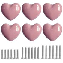 Maçanetas de cerâmica Perphin Pink Heart com parafusos, pacote com 6