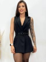 Macaquinho Alfaiataria Regata Com Cinto Elegante Verao