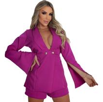 Macaquinho Alfaiataria Shorts Solto Manga Longa Feminino