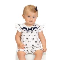 Macaquinho Bebê Menina Balonê Off-White Lacinhos Azul Marinho Milon Tamanho:G (6-9 meses) Macaquinho Bebê Menina Balonê Off-White Lacinhos Azul Marinho Milon Tamanho:G (6-9 meses)