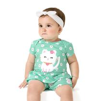 Macaquinho Bebê Menina Verde Turmalina Gatinha Bordada Kyly