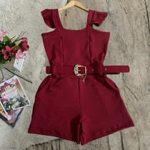 Macaquinho Bordo Plus Size Feminino Curto com Bolso + Cinto