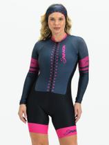 Macaquinho Ciclismo Feminino - Forro em Gel - Manga Longa Cinza e Pink Evolution Savancini (3460)