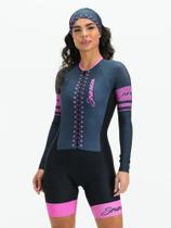 Macaquinho Ciclismo Feminino - Forro em Gel - Manga Longa Cinza e Rosa Evolution Savancini (3460)