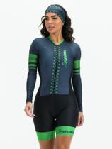 Macaquinho Ciclismo Feminino - Forro em Gel - Manga Longa Cinza e Verde Evolution Savancini (3460)