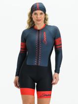 Macaquinho Ciclismo Feminino - Forro em Gel - Manga Longa Cinza e Vermelho Evolution Savancini(3460)