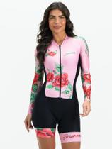 Macaquinho Ciclismo Feminino Manga Longa Rosa Flowers Black Savancini (3460FB)