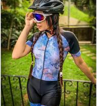Macaquinho Ciclismo MTB Feminino Borboletas Jeans Forro GEL