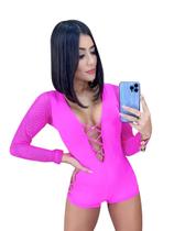 Macaquinho Curto Decotado Com Manga em Tela e Bojo com Forro Macaquinho Curto Decotado Com Manga em Tela e Bojo com Forro