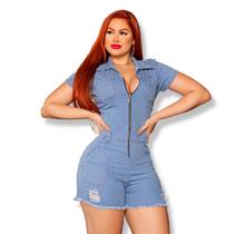 Macaquinho Curto Feminino de manguinha jeans com lycra em lavagem clara