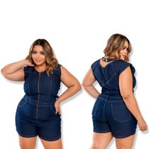 Macaquinho curto feminino jeans com lycra plus size