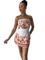 Macaquinho Curto Feminino Short Saia Alça Tecido Leve Verão 2025 Floral Folhas Costela de Adão Liso e Geometrico