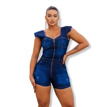 Macaquinho Curto Jeans Feminino com Lycra e zíper Frontal Macaquinho Curto Jeans Feminino com Lycra e zíper Frontal