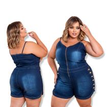 Macaquinho curto jeans plus size com botôes lateral