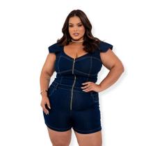 Macaquinho Curto Jeans Plus Size de Alça larga Zíper Frontal