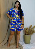 Macaquinho Curto Plus Size Estampado Azul com Manga Curta