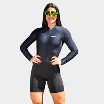 Macaquinho de Ciclismo Feminino Forro Espuma Manga Longa Proteção Uv Respirável Bolsos Traseiros Cicloturismo Speed Mtb