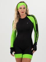 Macaquinho De Ciclismo Feminino - Forro GEL - Manga Longa Impulse Verde Neon Black Savancini (5461)